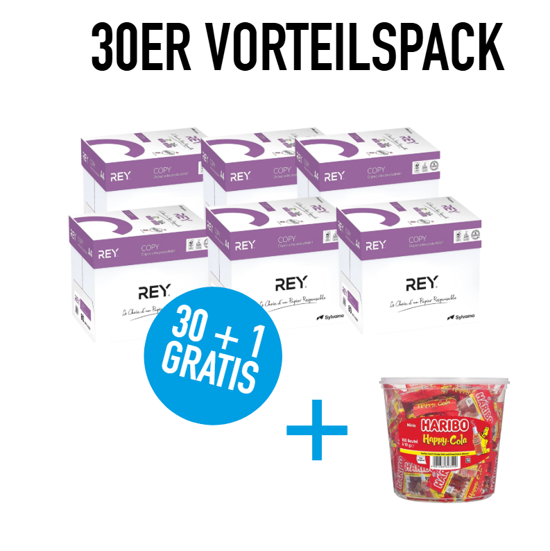 30x Rey Multifunktionspapier + GRATIS 1x HARIBO Fruchtgummi Happy-Cola Minibeutel 100 x 9 g/Pack.
