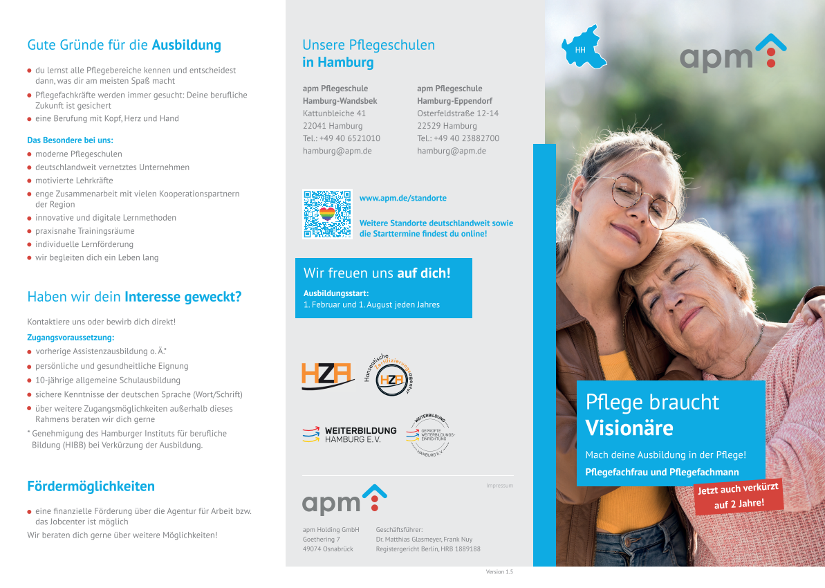Hier Variante auswählen! Flyer, Pflegeschule - PFK "apm_fly_Pflegefachmannfrau_HH_1.3+2Jahre"