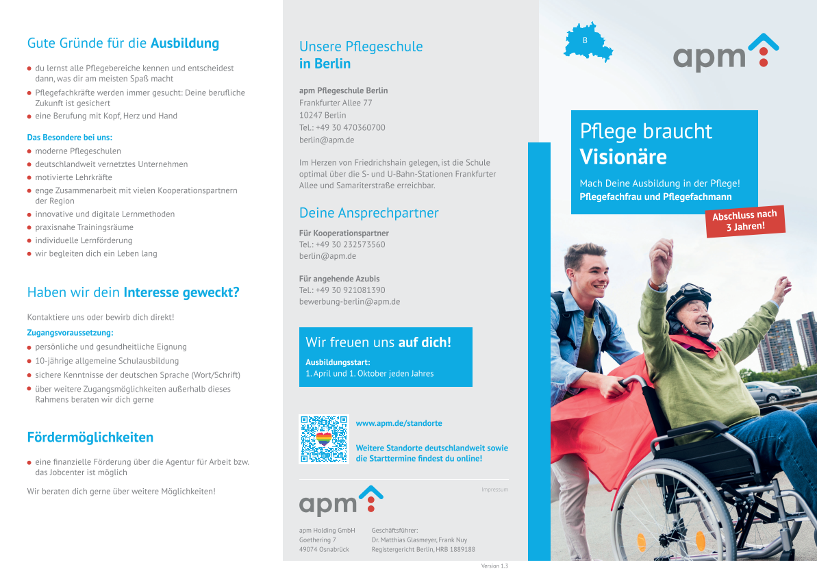 Hier Variante auswählen! Flyer, Pflegeschule - PFA/PFK  "Berlin - Pflegefachmannfrau"