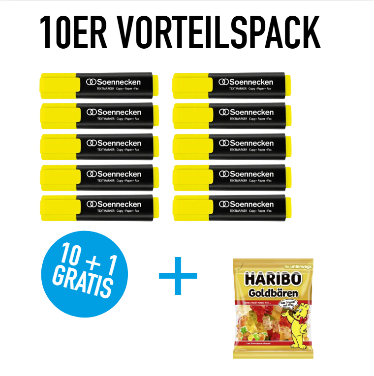 10x Soennecken Textmarker 2-5mm Keilspitze gelb + GRATIS 1x Haribo Fruchtgummi Goldbären 100 g/Pack.