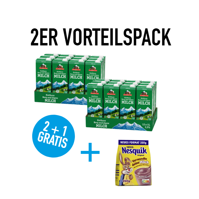 Berchtesgadener Land H-Milch 24 x 1 Liter 3,5% + GRATIS 1x Nesquik® Getränkepulver Kakao