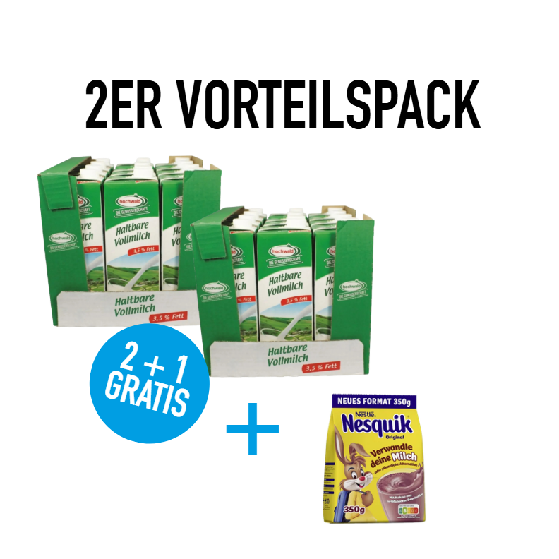 2x hochwald H-Milch 24 x 1 Liter 3,5%  + GRATIS 1x Nesquik® Getränkepulver Kakao