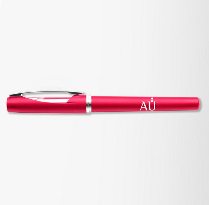 Athos Soft Touch Gelschreiber, Gehäusefarbe rot, Tintenfarbe blau, Logo "AÜ" in weiß