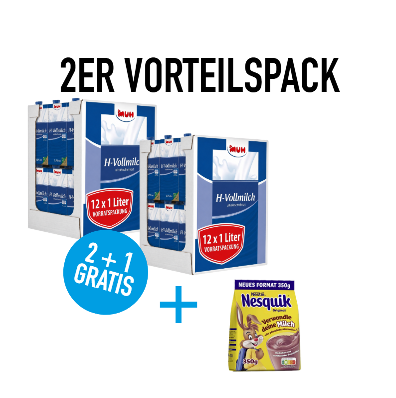 MUH® H-Milch 24 x 1 Liter 3,5%  + GRATIS 1x Nesquik® Getränkepulver Kakao