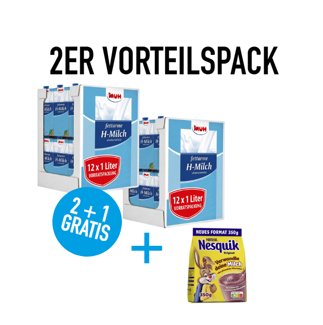 MUH® H-Milch 24 x 1 Liter 1,5% + GRATIS 1x Nesquik® Getränkepulver Kakao