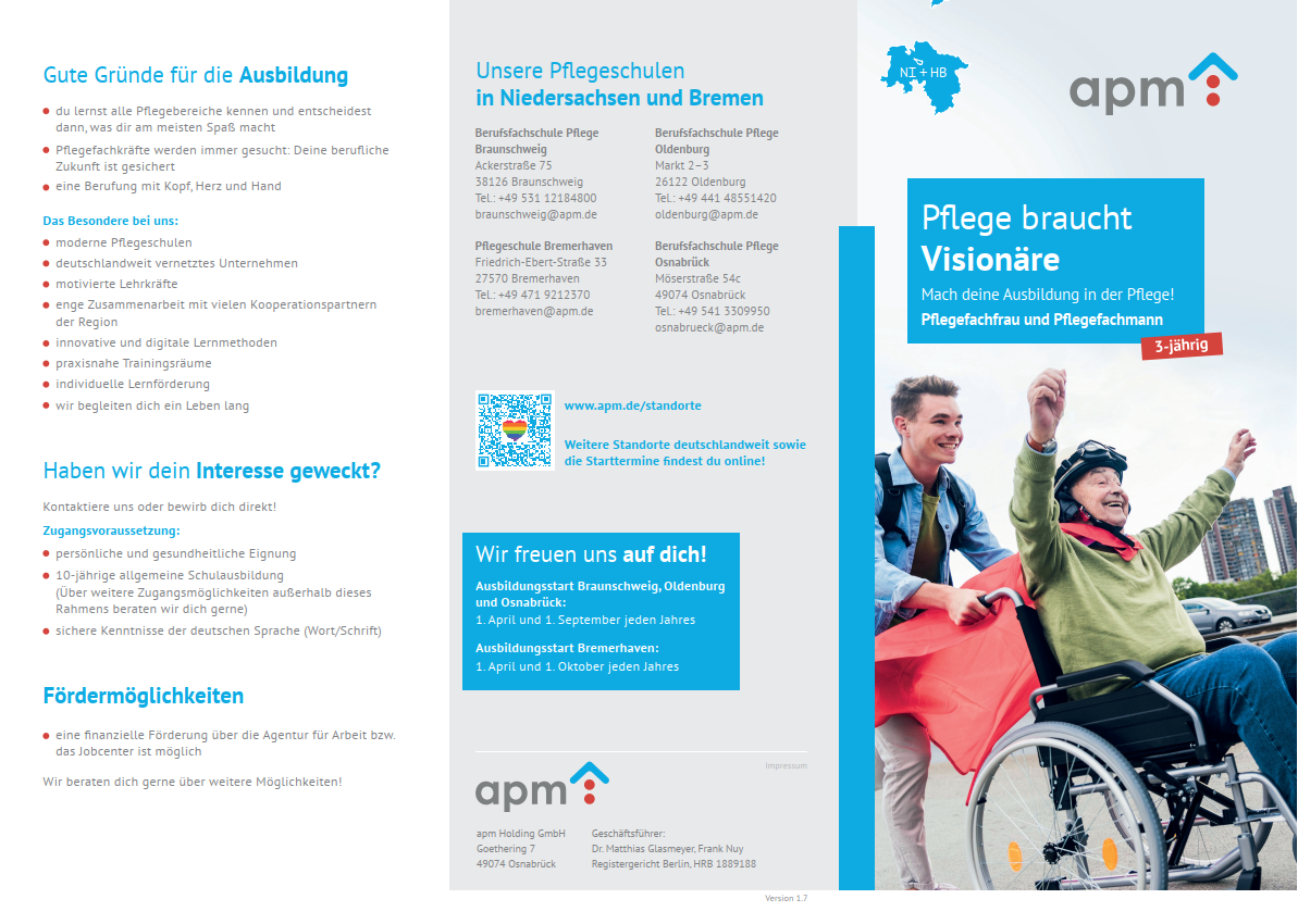 Hier Variante auswählen! Flyer, Pflegeschule - PFK "apm_fly_Pflegefachmannfrau_NDS+Bremerhaven"