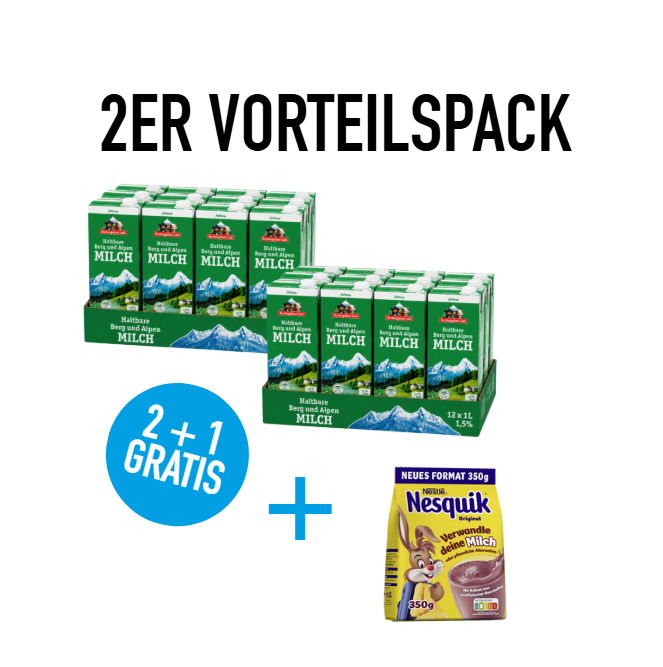 Berchtesgadener Land H-Milch 24 x 1 Liter 1,5% + GRATIS 1x Nesquik® Getränkepulver Kakao