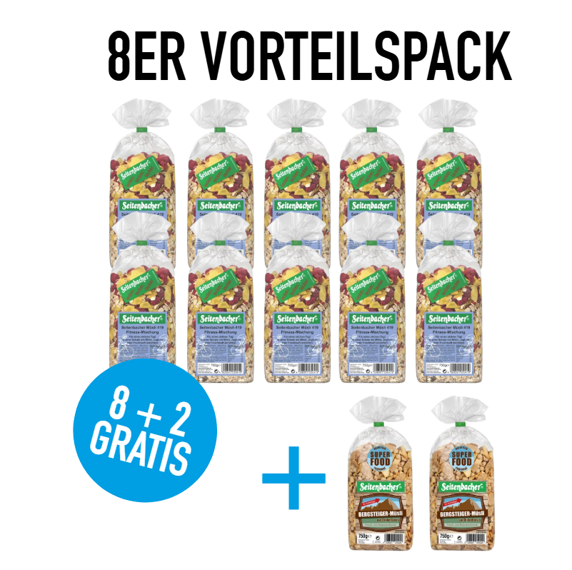 8x Seitenbacher Müsli Fitness Mischung 750g + GRATIS 2x Seitenbacher Bergsteiger Müsli 750g