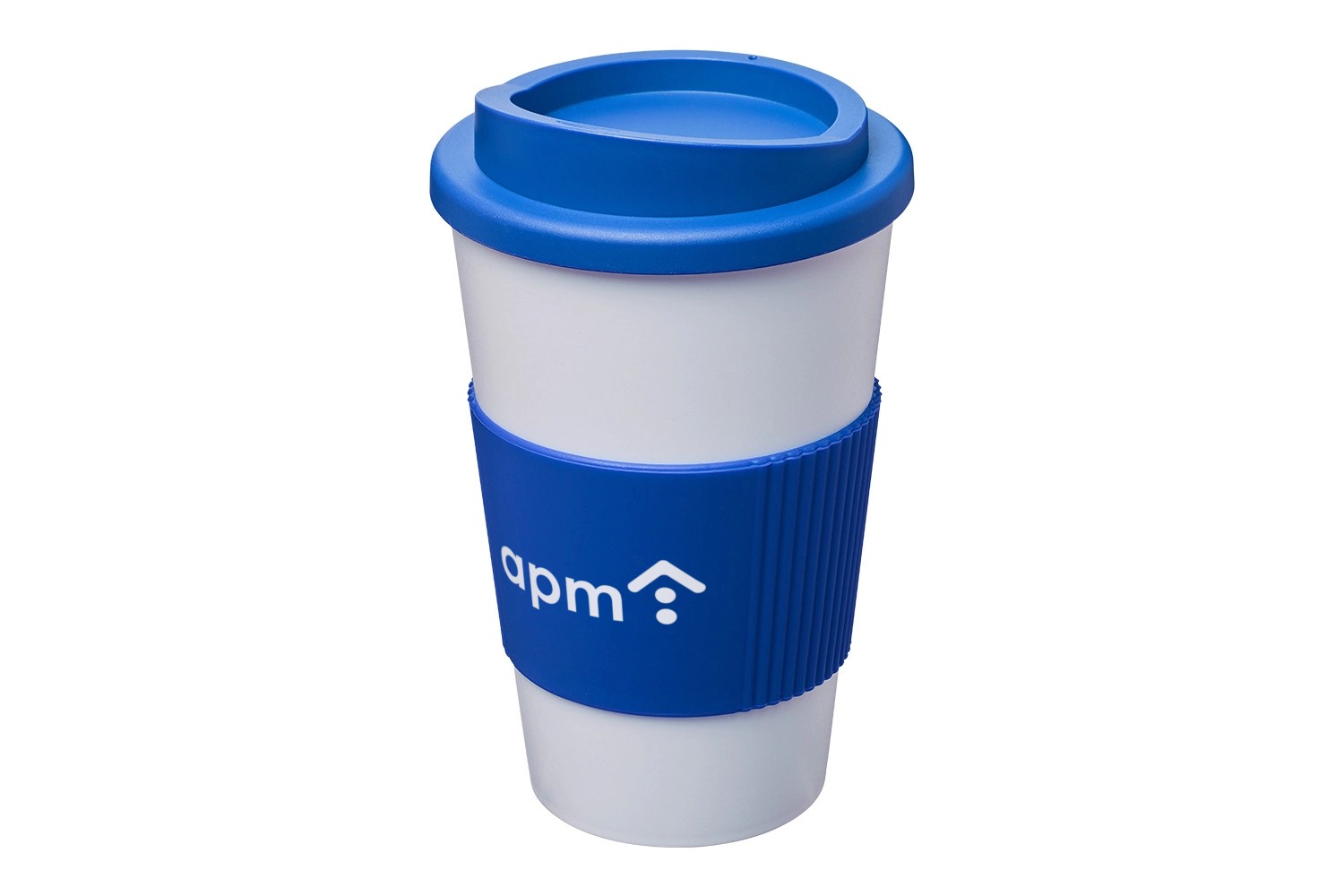 Americano® 350 ml Isolierbecher mit Schutzring mittelblau/weiss mit 1-farbigem Logo "apm"